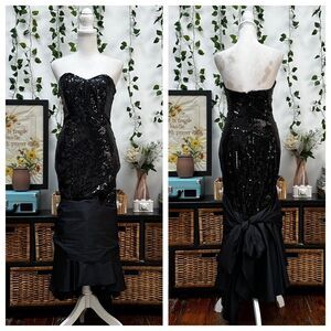Vintage 80s Black Strapless Maxi Dress Sequins Prom Party Cocktail Drop Waist XS